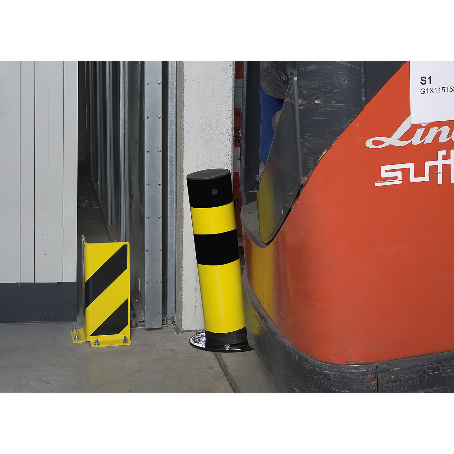 Bollard, for bolting in place, height 665 mm, coated yellow.