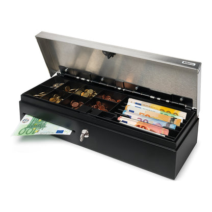 Cash drawer with hinged lid, SAFESCAN SD-4617S, 6 compartments for banknotes, 8 compartments for coins.