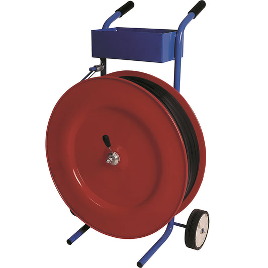 Strap dispenser for PP strapping, for strap width 12.7 - 16 mm, mobile, with storage compartment and calliper brake.