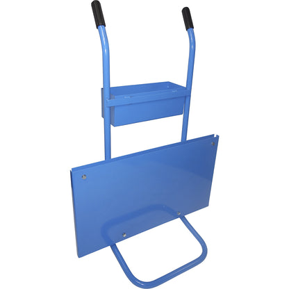 Strap dispenser for steel strapping, for ribbon coils, strap width 10 - 32 mm, mobile, with storage compartment.