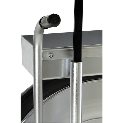 Strap dispenser for PP, PET and heavy duty PET strapping, for strap width 13 - 19 mm, mobile, with storage compartment and roller brake.