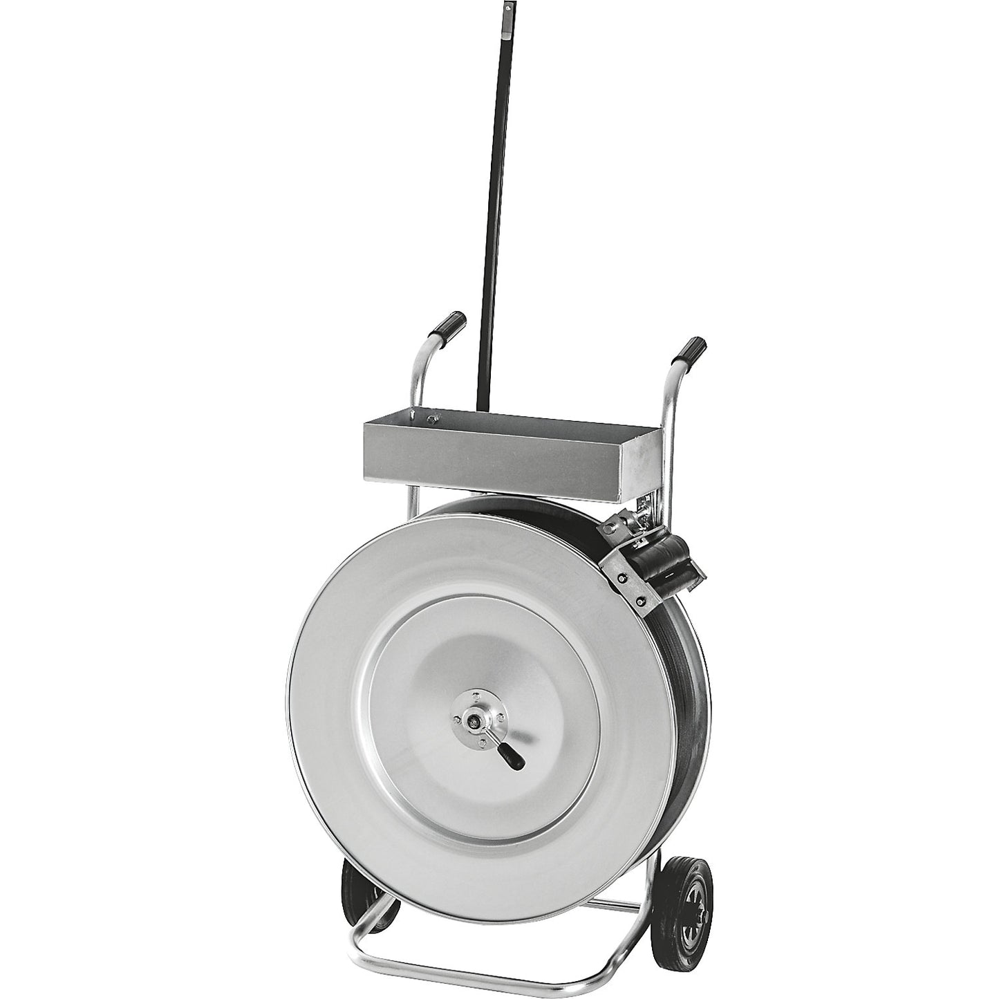 Strap dispenser for PP, PET and heavy duty PET strapping, for strap width 13 - 19 mm, mobile, with storage compartment and roller brake.
