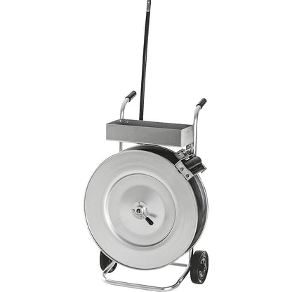 Strap dispenser for PP, PET and heavy duty PET strapping, for strap width 13 - 19 mm, mobile, with storage compartment and roller brake.