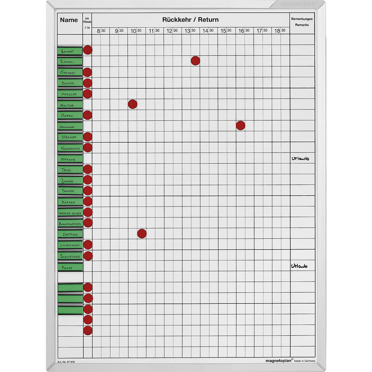 Attendance planner, WxH 450 x 600 mm, for 30 employees.