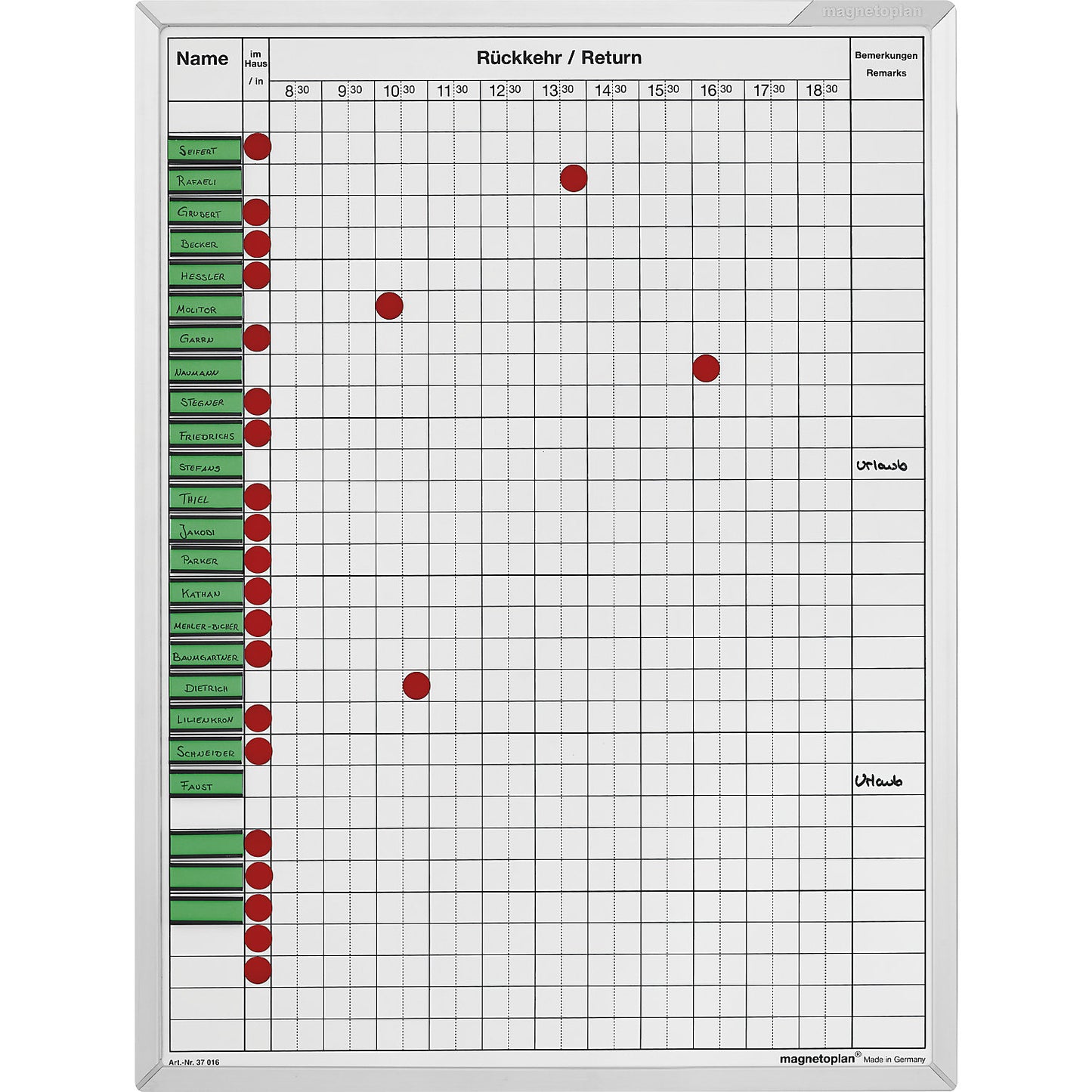 Attendance planner, WxH 450 x 600 mm, for 30 employees.