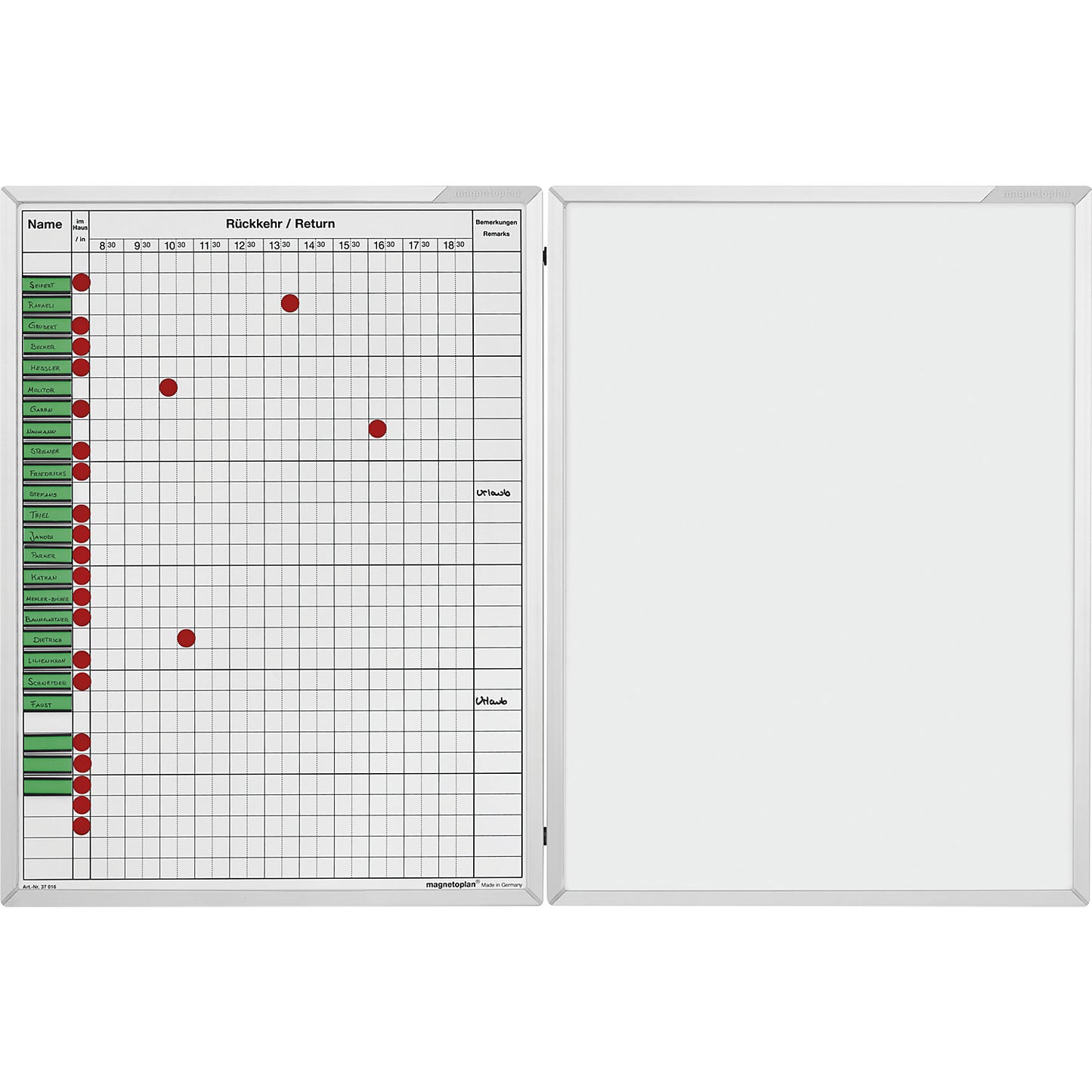 Attendance planner, WxH 450 x 600 mm, for 30 employees.