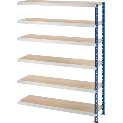 Wide span boltless shelf unit, blue/grey, HxWxD 1976 x 1525 x 500 mm, moulded chipboard shelves, extension shelf unit.