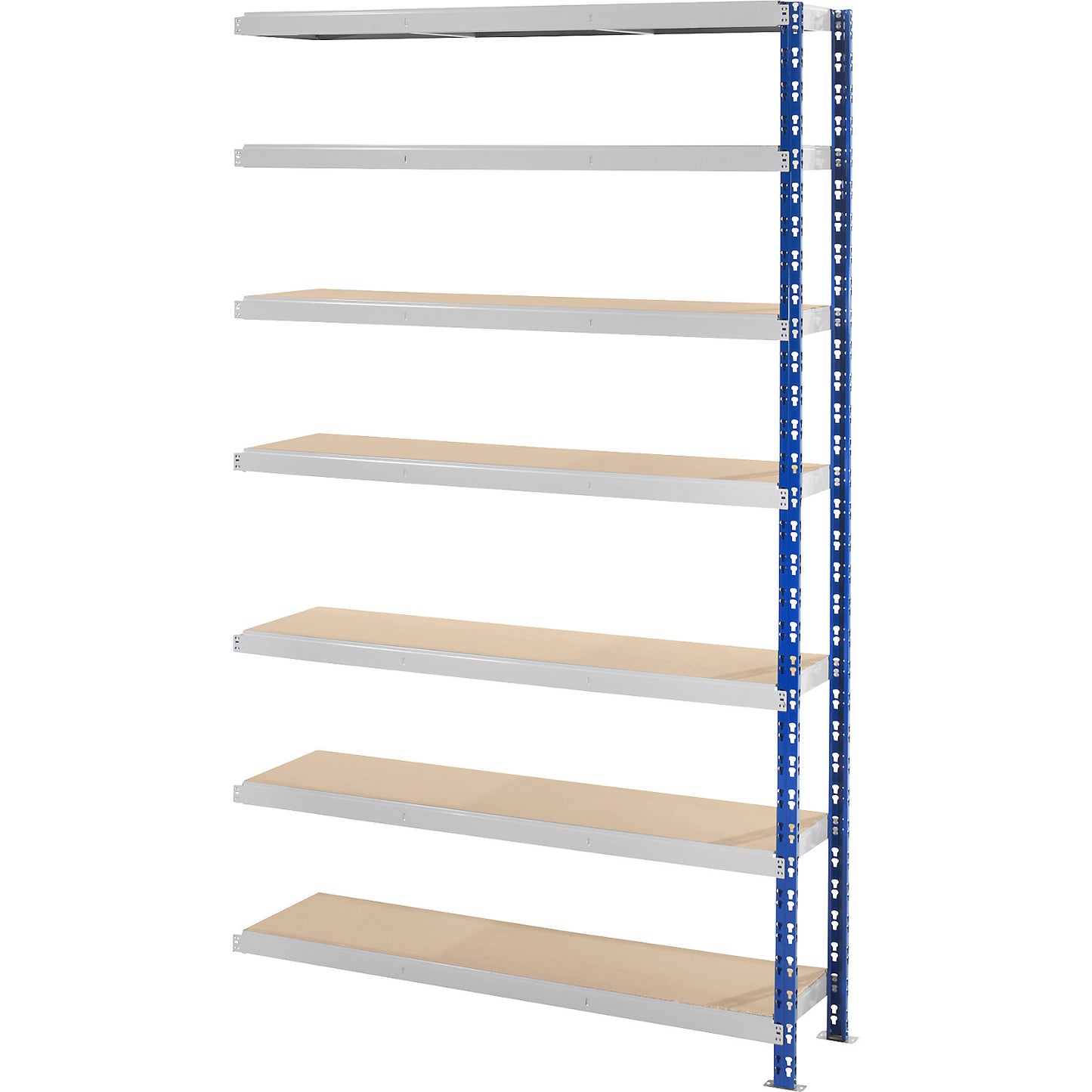 Wide span boltless shelf unit, blue/grey, HxWxD 2522 x 1525 x 500 mm, moulded chipboard shelves, extension shelf unit.