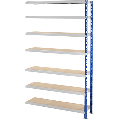 Wide span boltless shelf unit, blue/grey, HxWxD 2522 x 1525 x 500 mm, moulded chipboard shelves, extension shelf unit.
