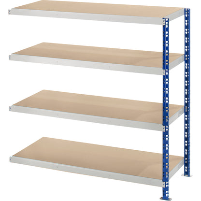 Wide span boltless shelf unit, blue/grey, HxWxD 1508 x 1525 x 700 mm, moulded chipboard shelves, extension shelf unit.