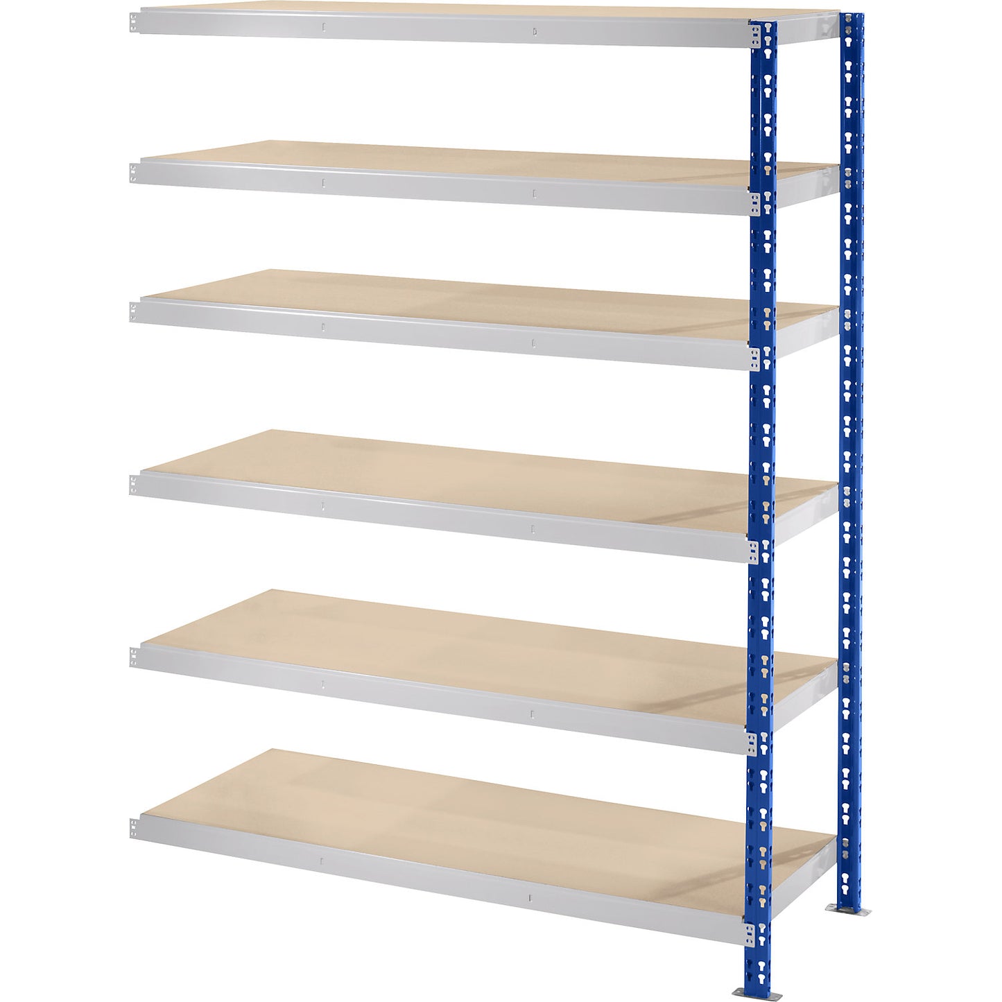 Wide span boltless shelf unit, blue/grey, HxWxD 1976 x 1525 x 700 mm, moulded chipboard shelves, extension shelf unit.