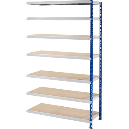 Wide span boltless shelf unit, blue/grey, HxWxD 2522 x 1525 x 600 mm, moulded chipboard shelves, extension shelf unit.