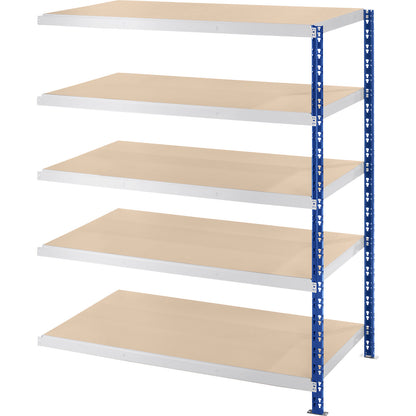 Wide span boltless shelf unit, blue/grey, HxWxD 1820 x 1525 x 800 mm, moulded chipboard shelves, extension shelf unit.