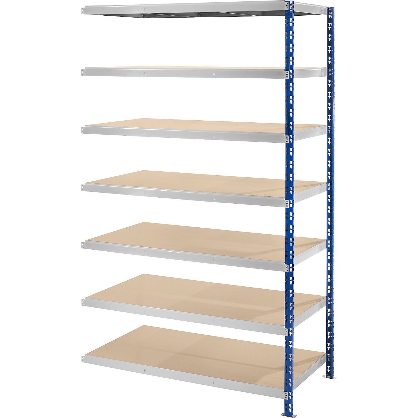 Wide span boltless shelf unit, blue/grey, HxWxD 2522 x 1525 x 800 mm, moulded chipboard shelves, extension shelf unit.
