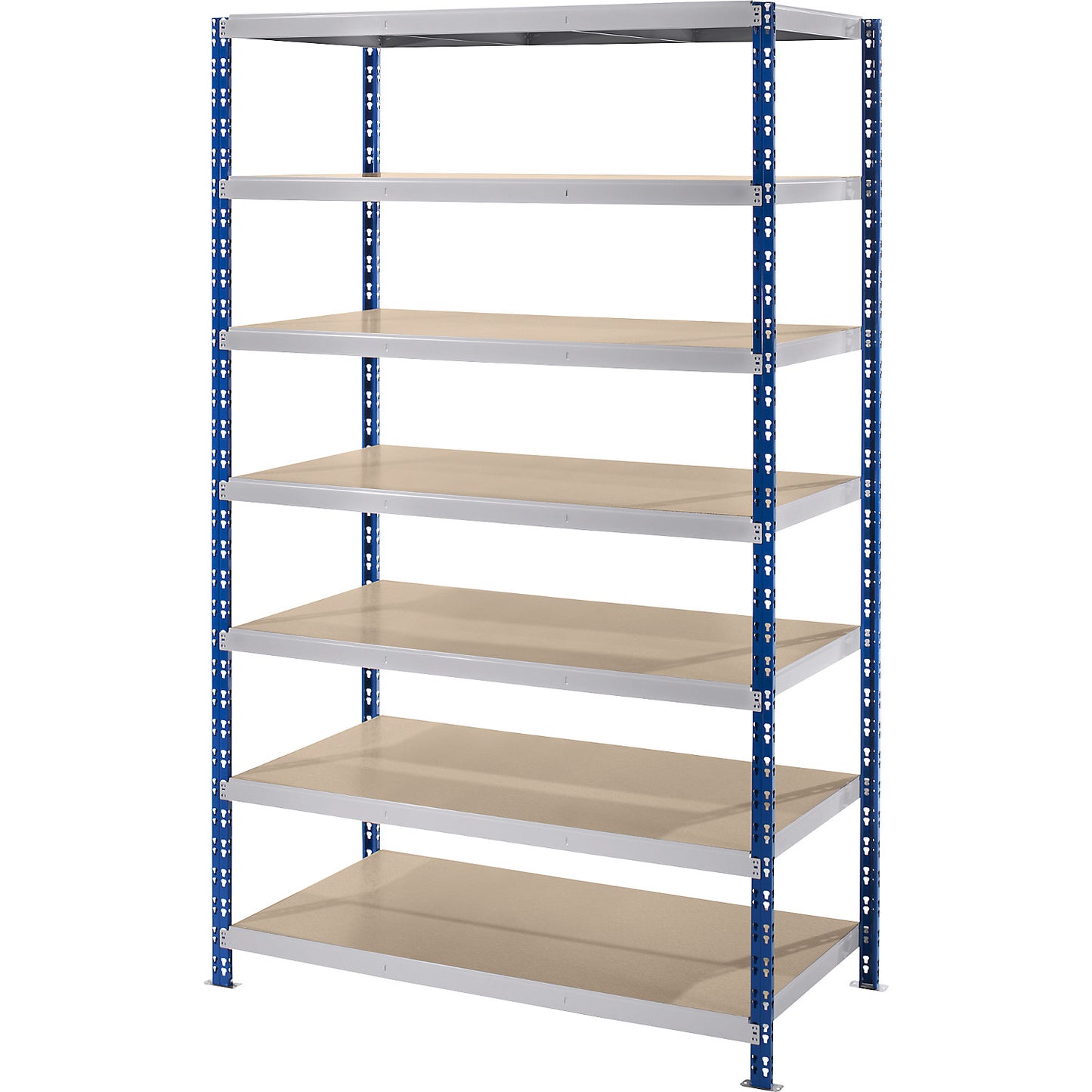 Wide span boltless shelf unit, blue/grey, HxWxD 2522 x 1550 x 800 mm, moulded chipboard shelves, standard shelf unit.