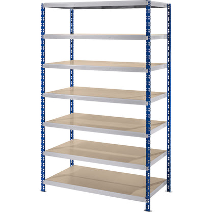 Wide span boltless shelf unit, blue/grey, HxWxD 2522 x 1550 x 800 mm, moulded chipboard shelves, standard shelf unit.