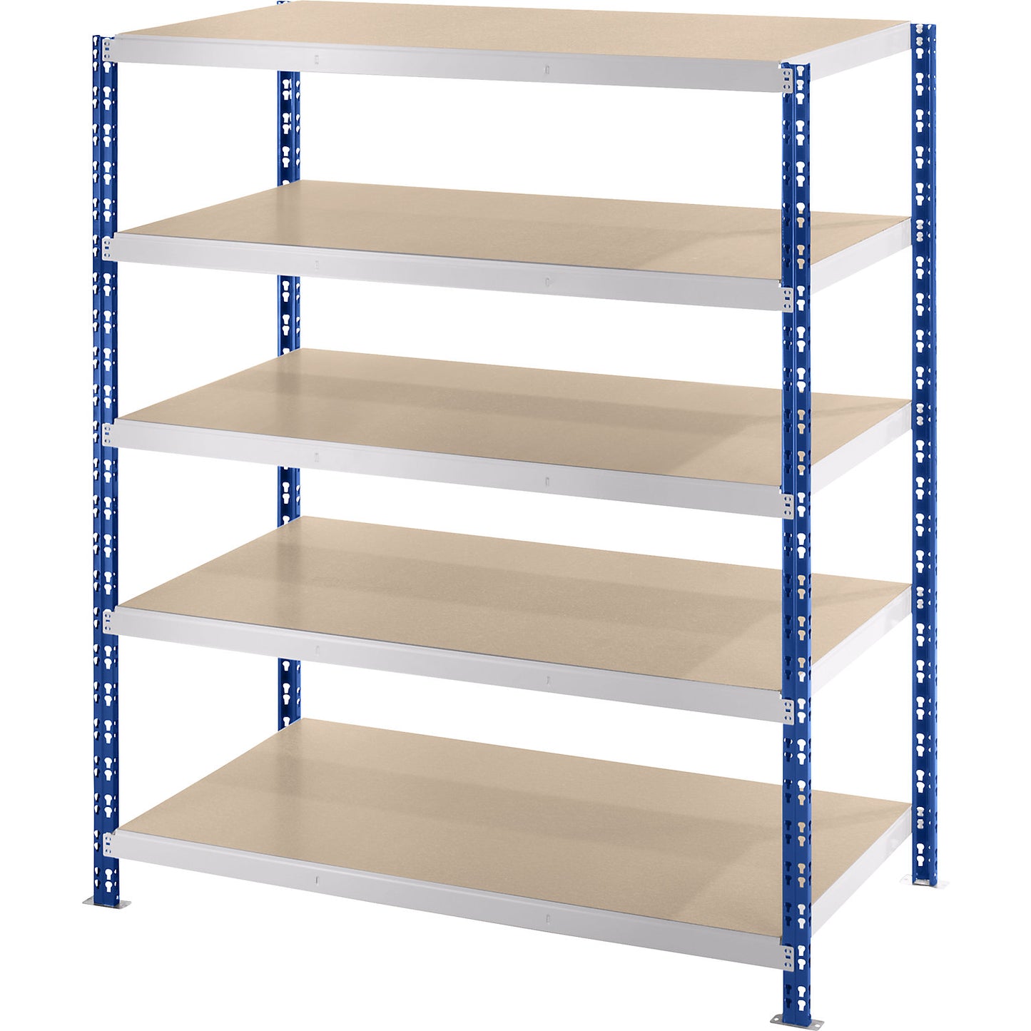 Wide span boltless shelf unit, blue/grey, HxWxD 1820 x 1550 x 800 mm, moulded chipboard shelves, standard shelf unit.