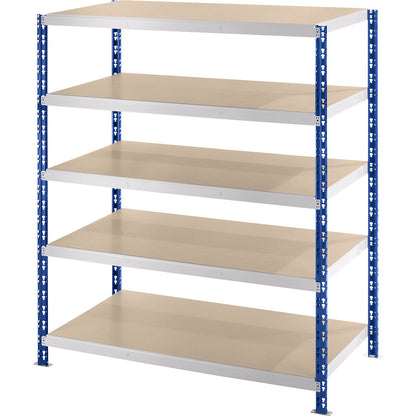 Wide span boltless shelf unit, blue/grey, HxWxD 1820 x 1550 x 800 mm, moulded chipboard shelves, standard shelf unit.