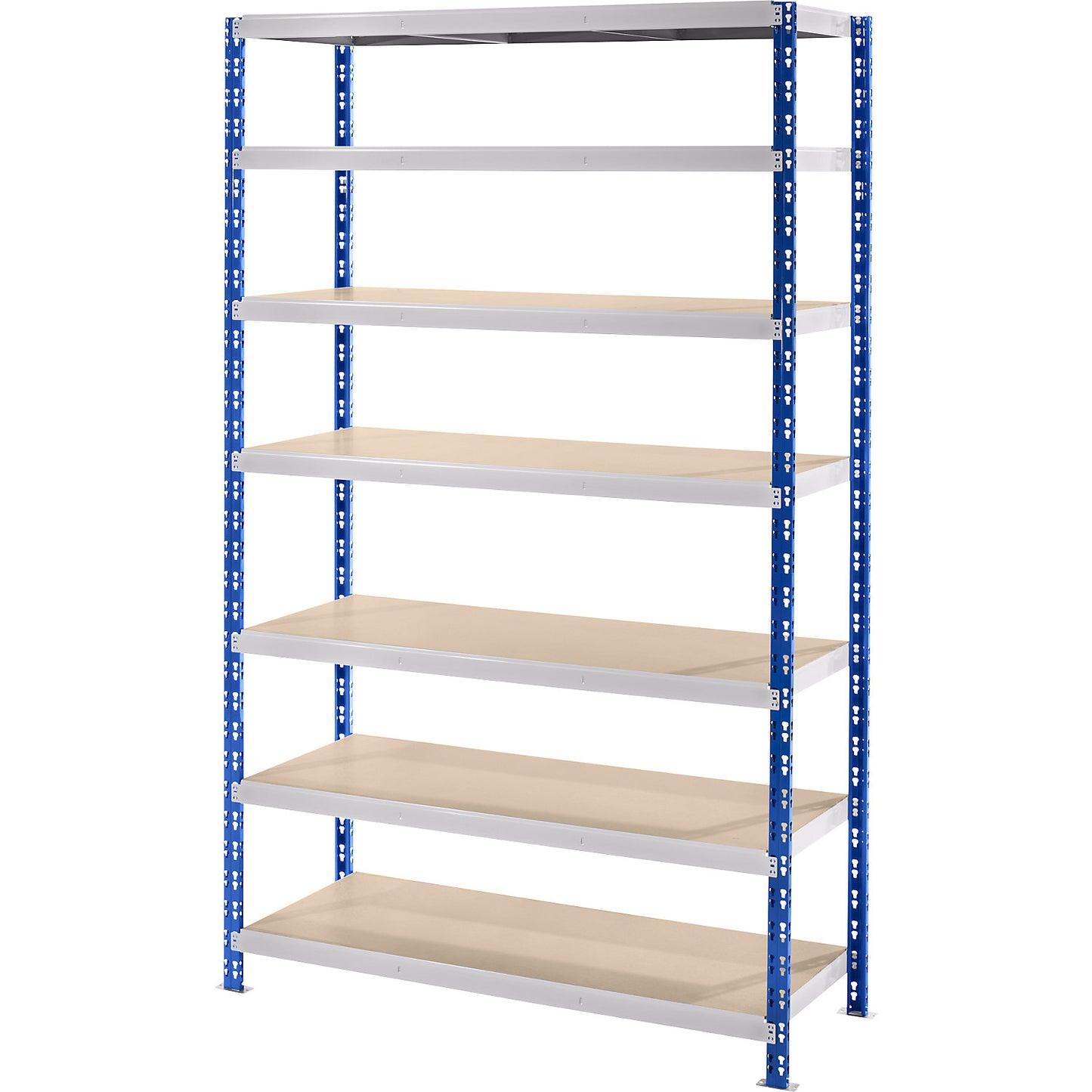 Wide span boltless shelf unit, blue/grey, HxWxD 2522 x 1550 x 600 mm, moulded chipboard shelves, standard shelf unit.