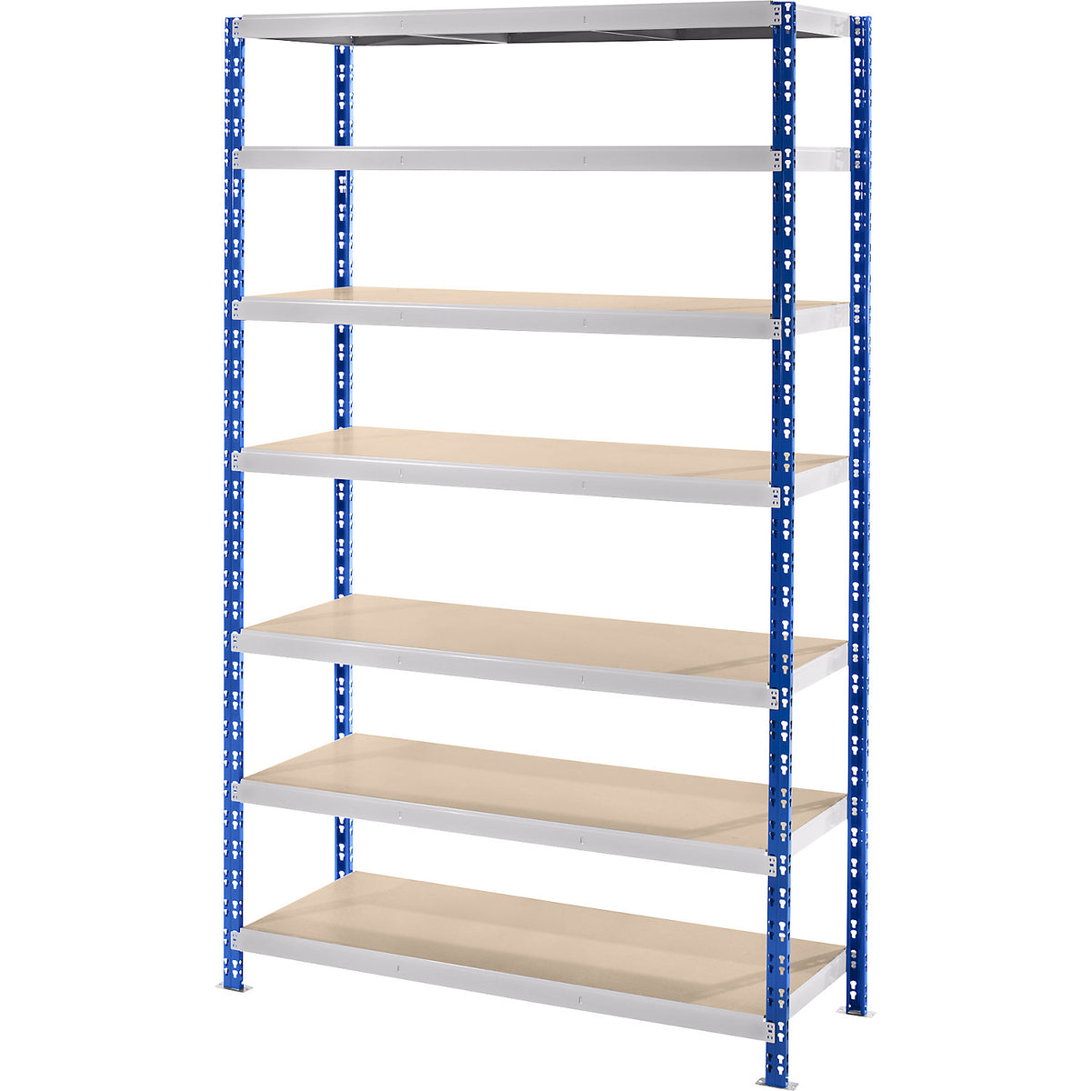 Wide span boltless shelf unit, blue/grey, HxWxD 2522 x 1550 x 700 mm, moulded chipboard shelves, standard shelf unit.
