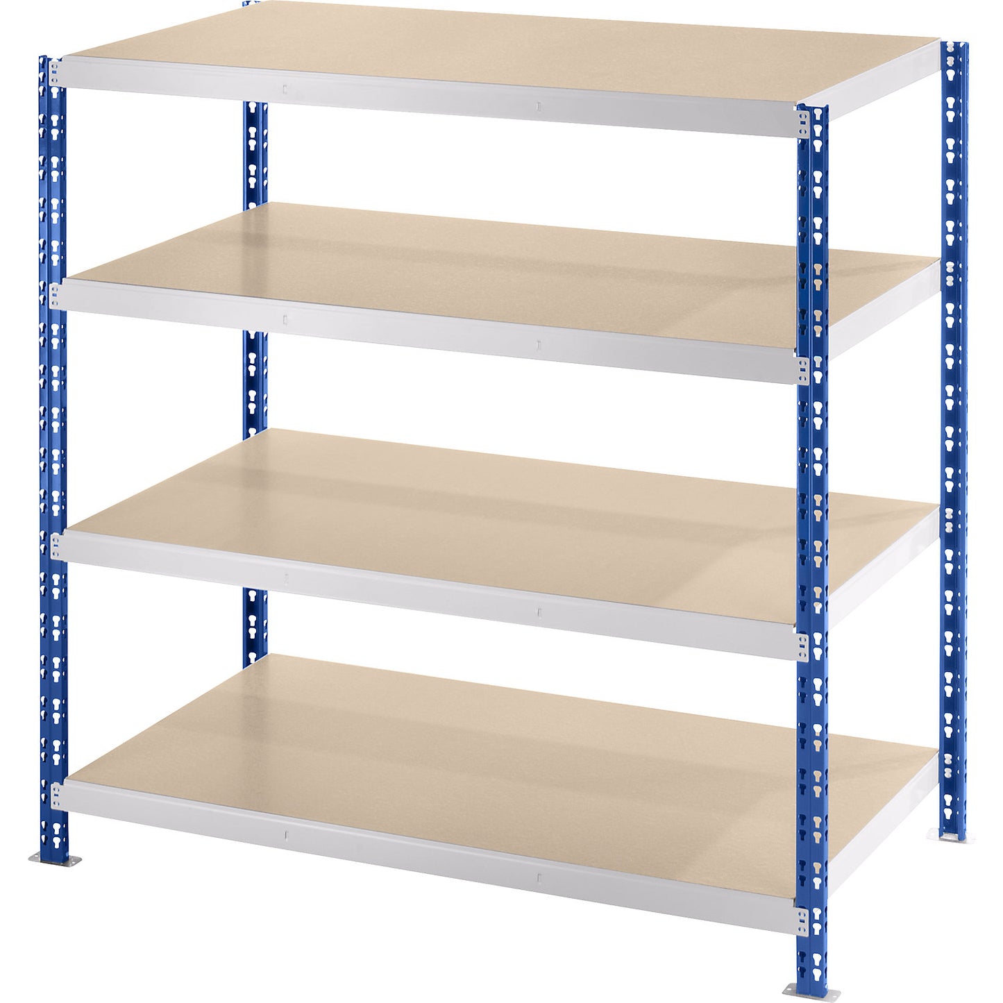 Wide span boltless shelf unit, blue/grey, HxWxD 1508 x 1550 x 800 mm, moulded chipboard shelves, standard shelf unit.