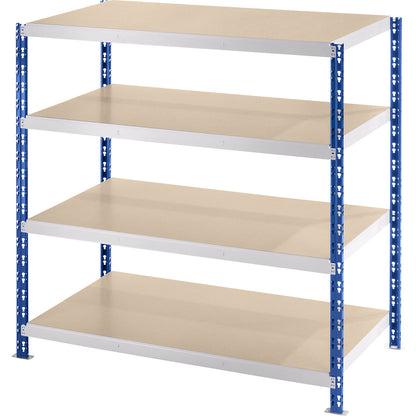 Wide span boltless shelf unit, blue/grey, HxWxD 1508 x 1550 x 800 mm, moulded chipboard shelves, standard shelf unit.