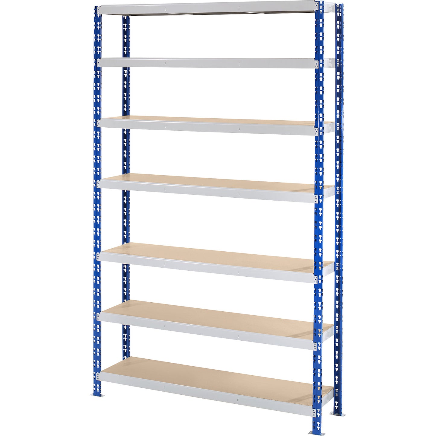 Wide span boltless shelf unit, blue/grey, HxWxD 2522 x 1550 x 400 mm, moulded chipboard shelves, standard shelf unit.