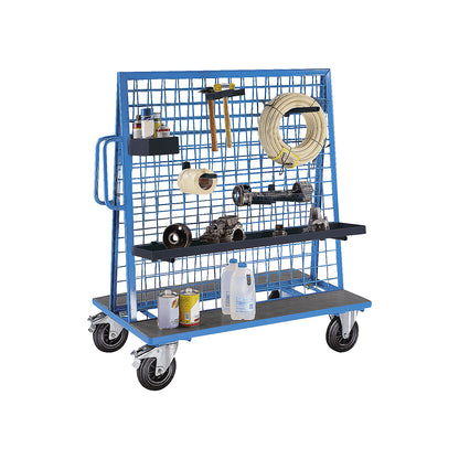 Tool and supplies trolley made of steel, max. load 500 kg, with 2 mesh panels for hook-on holders.