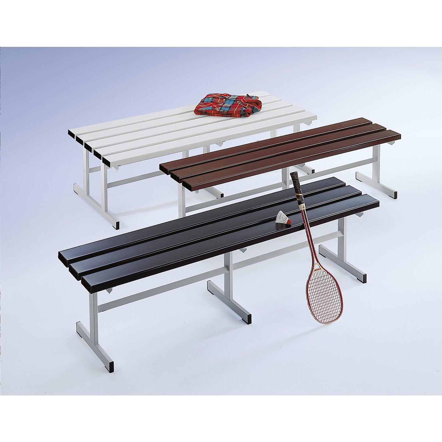 Changing room bench, single sided, PVC slats, T foot, light grey, length 1000 mm.