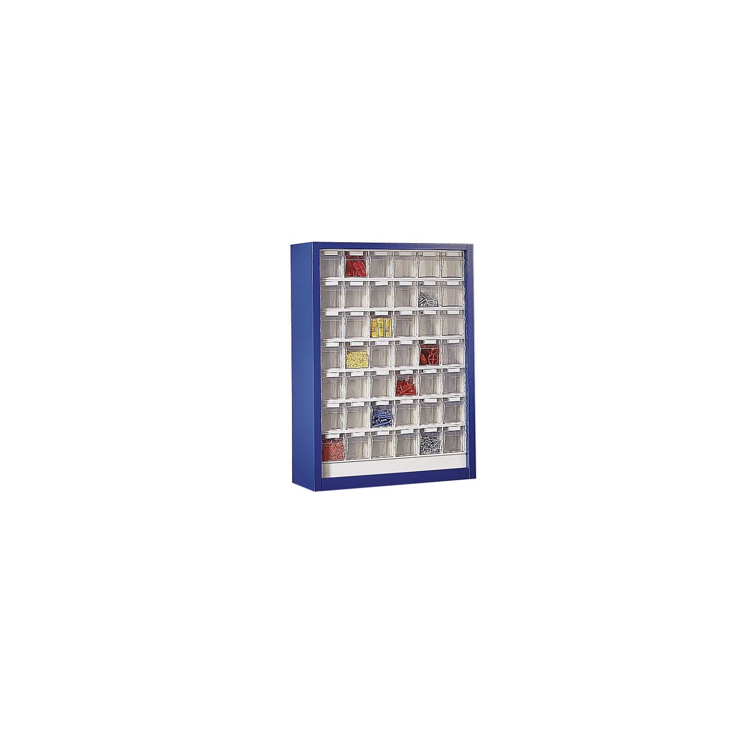 Wall mounted cupboard for visual storage containers, HxWxD 910 x 665 x 250 mm, with 42 bins, gentian blue housing.