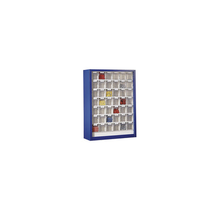 Wall mounted cupboard for visual storage containers, HxWxD 910 x 665 x 250 mm, with 42 bins, gentian blue housing.