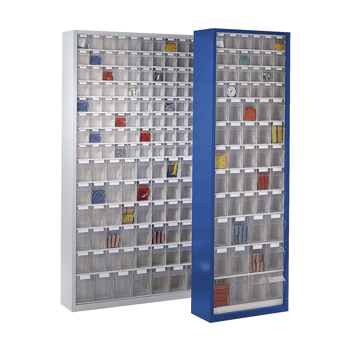 Sheet steel storage cupboard, with 154 transparent pull-out bins, gentian blue.