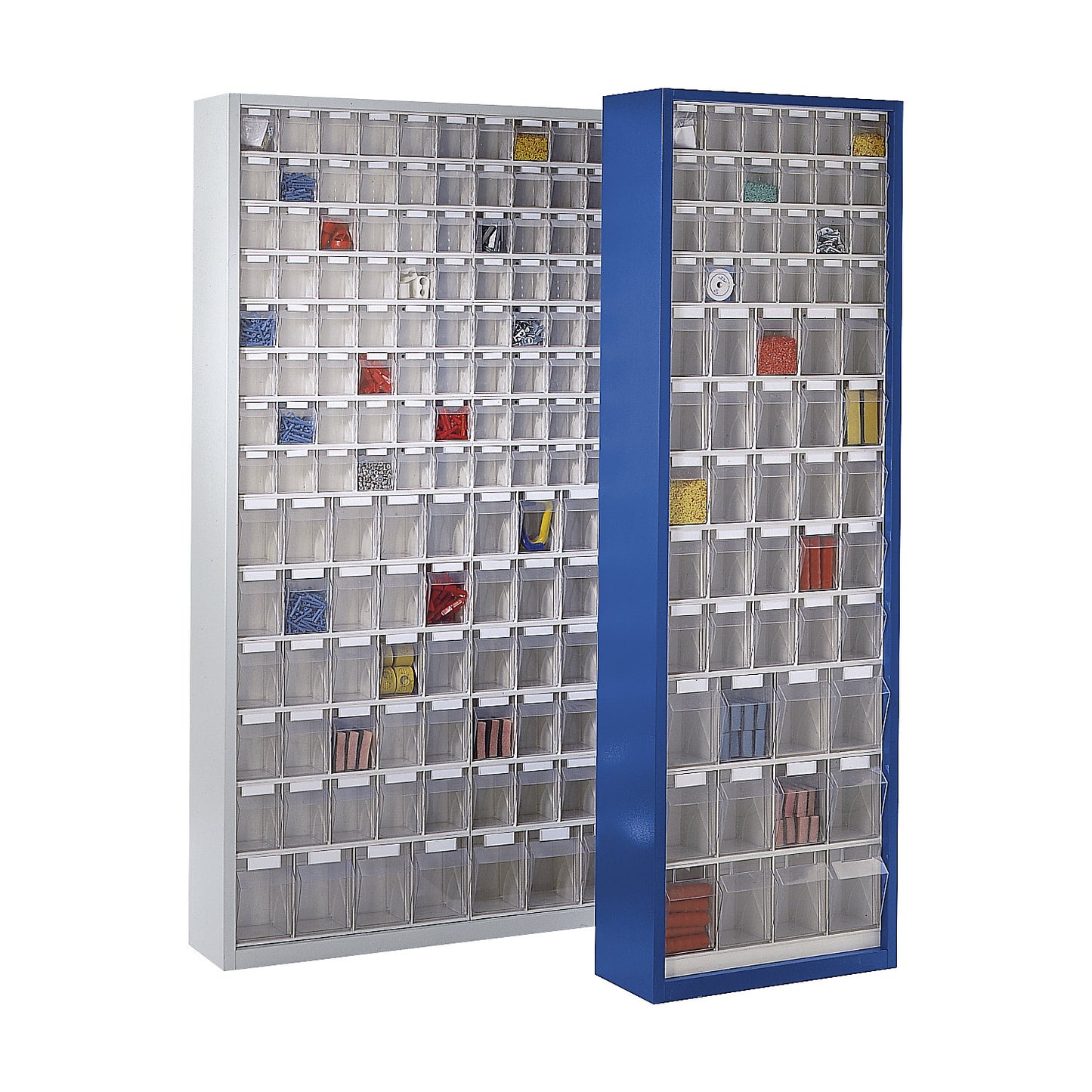 Sheet steel storage cupboard, with 154 transparent pull-out bins, light grey.