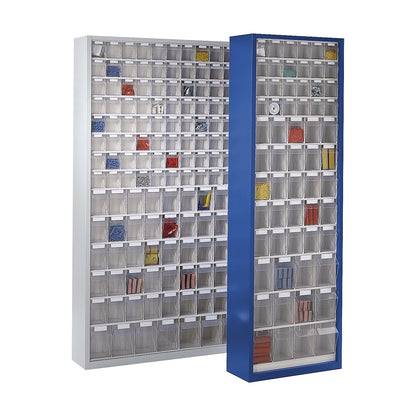Sheet steel storage cupboard, with 154 transparent pull-out bins, light grey.