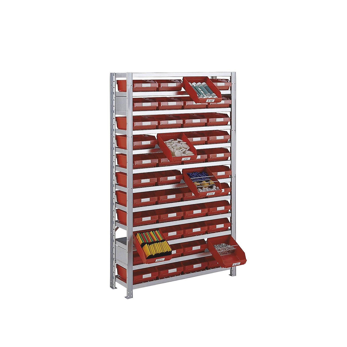 Boltless shelving unit for shelf bins, HxW 1790 x 1000 mm, basic shelf unit, depth 400 mm, without boxes, 9 shelves.