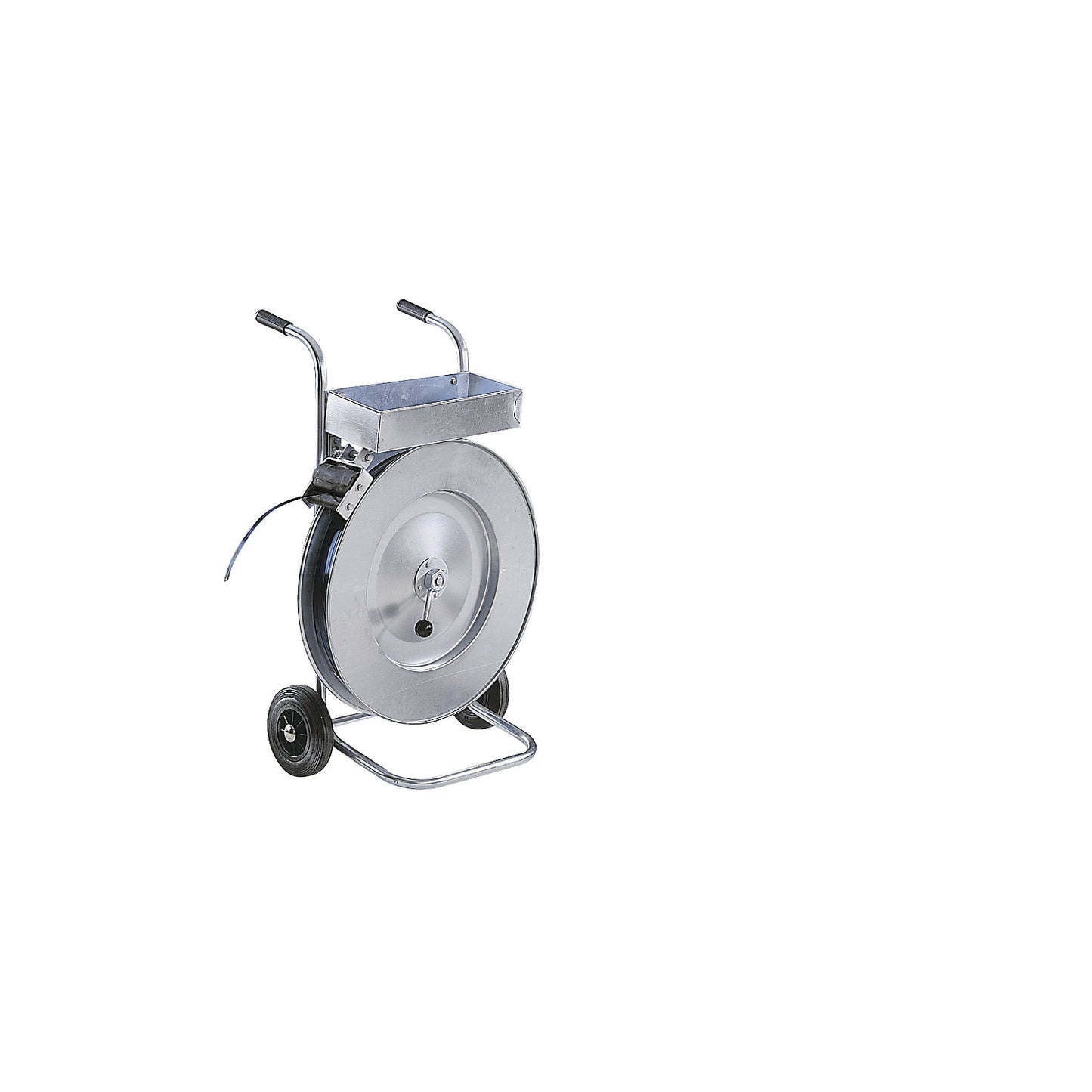 Strap dispenser for steel strapping, for oscillating coils, strap width 13 - 19 mm, mobile, with storage compartment and roller brake.