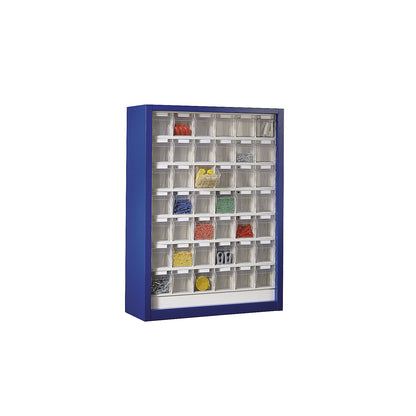 Wall mounted cupboard for visual storage containers, HxWxD 910 x 665 x 250 mm, with 42 bins, gentian blue housing.