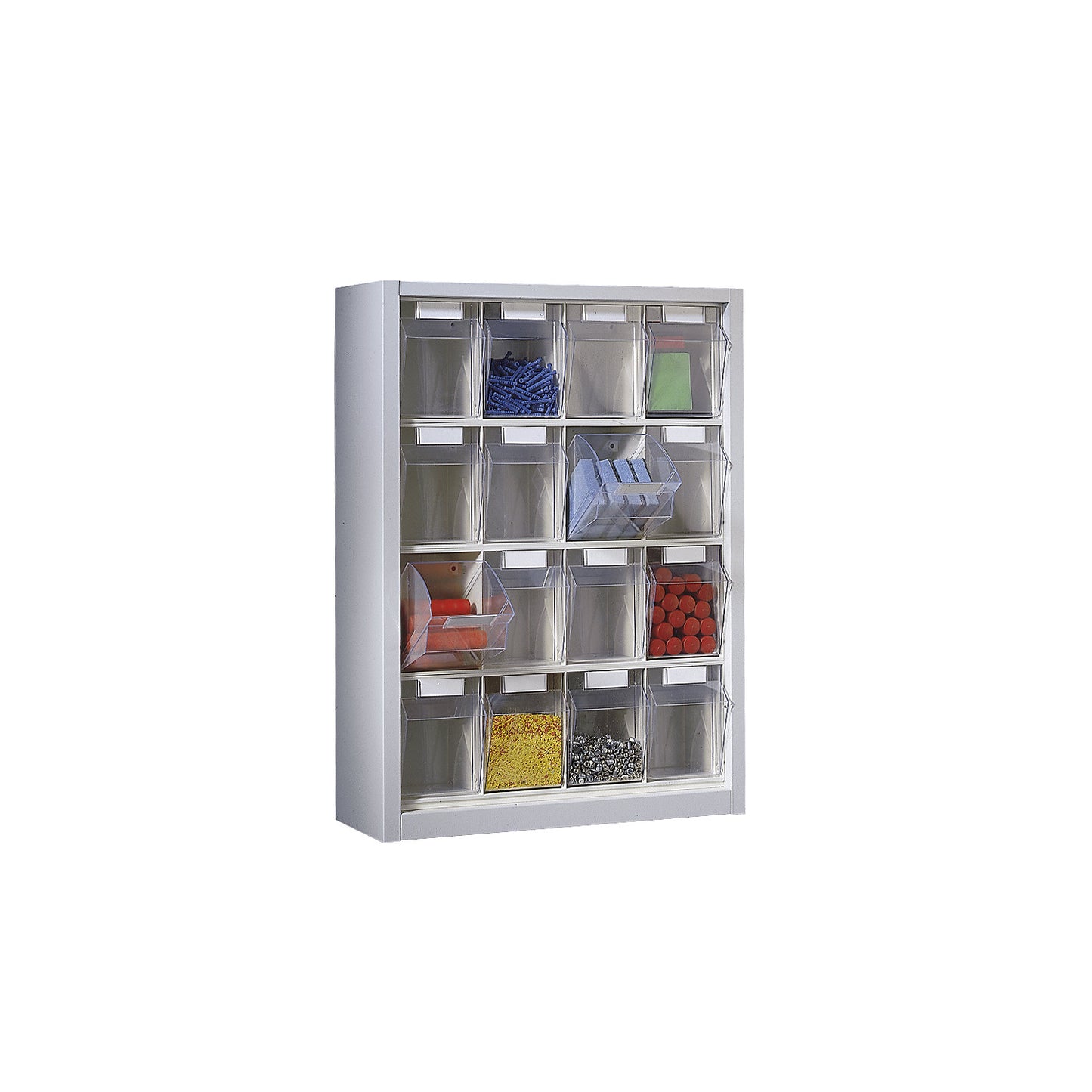 Wall mounted cupboard for visual storage containers, HxWxD 910 x 665 x 250 mm, with 16 bins, light grey housing.
