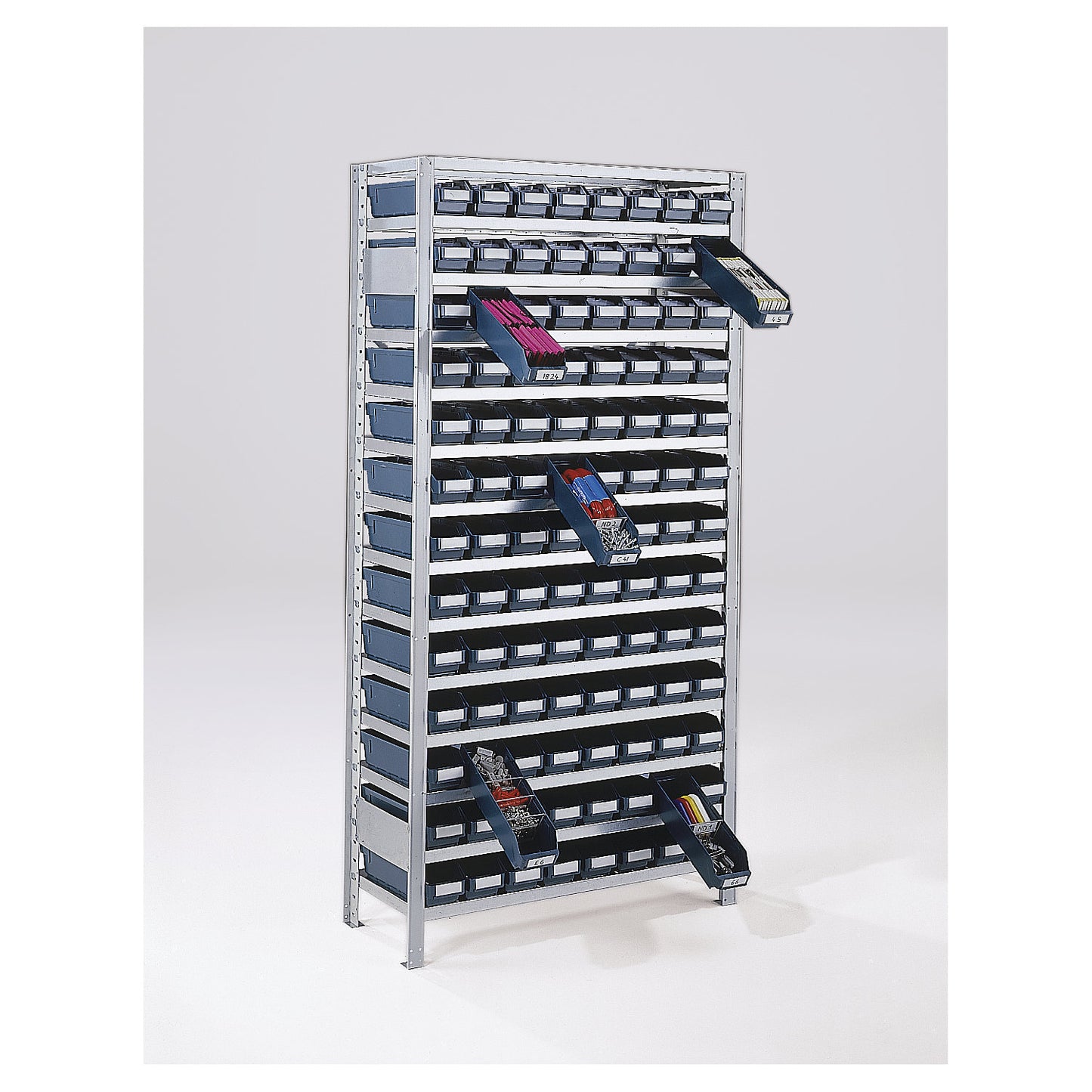 Boltless shelving unit with shelf bins, shelf height 2100 mm, basic shelf unit, depth 300 mm, 52 green bins.