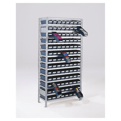 Boltless shelving unit with shelf bins, shelf height 2100 mm, extension shelf unit, depth 400 mm, 104 red bins.