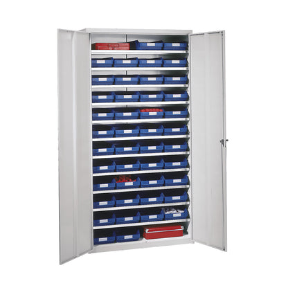 Storage cupboard, HxWxD 1970 x 1000 x 450 mm, with shelf bins, 44 bins, blue.