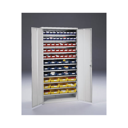 Storage cupboard, HxWxD 1970 x 1000 x 450 mm, with shelf bins, 71 bins in different colours.