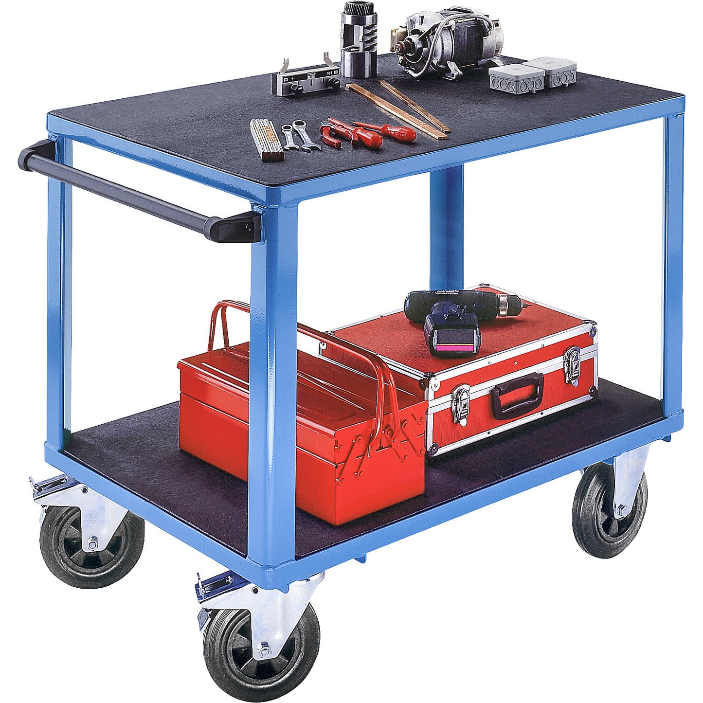 Assembly trolley, max. load 500 kg, 2 plastic shelves, shelf 1050 x 700 mm, light blue frame.