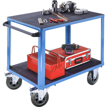 Assembly trolley, max. load 500 kg, 2 plastic shelves, shelf 1050 x 700 mm, light blue frame.