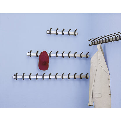 Coat rail, aluminium, hook clearance 100 mm, aluminium/black, 1500 mm long, 15 hooks.