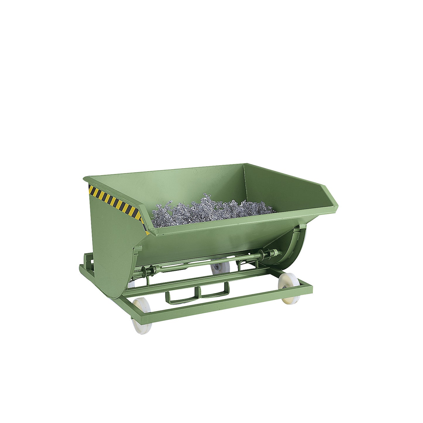 Tilting skip for metal swarf, with nylon wheels, capacity 0.5 m³, hot dip galvanised in accordance with EN ISO 1461.