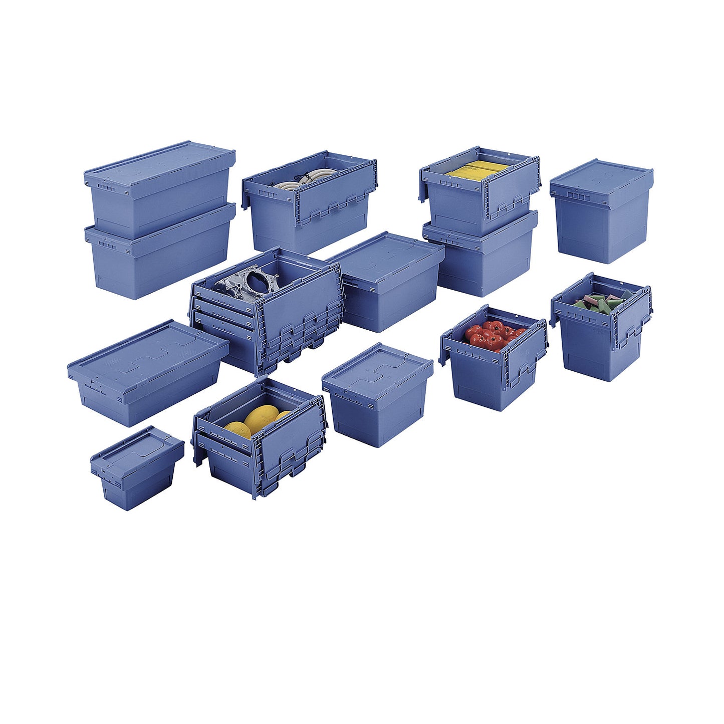 Reusable stacking container with folding lid, capacity 38 l, 1+ items.