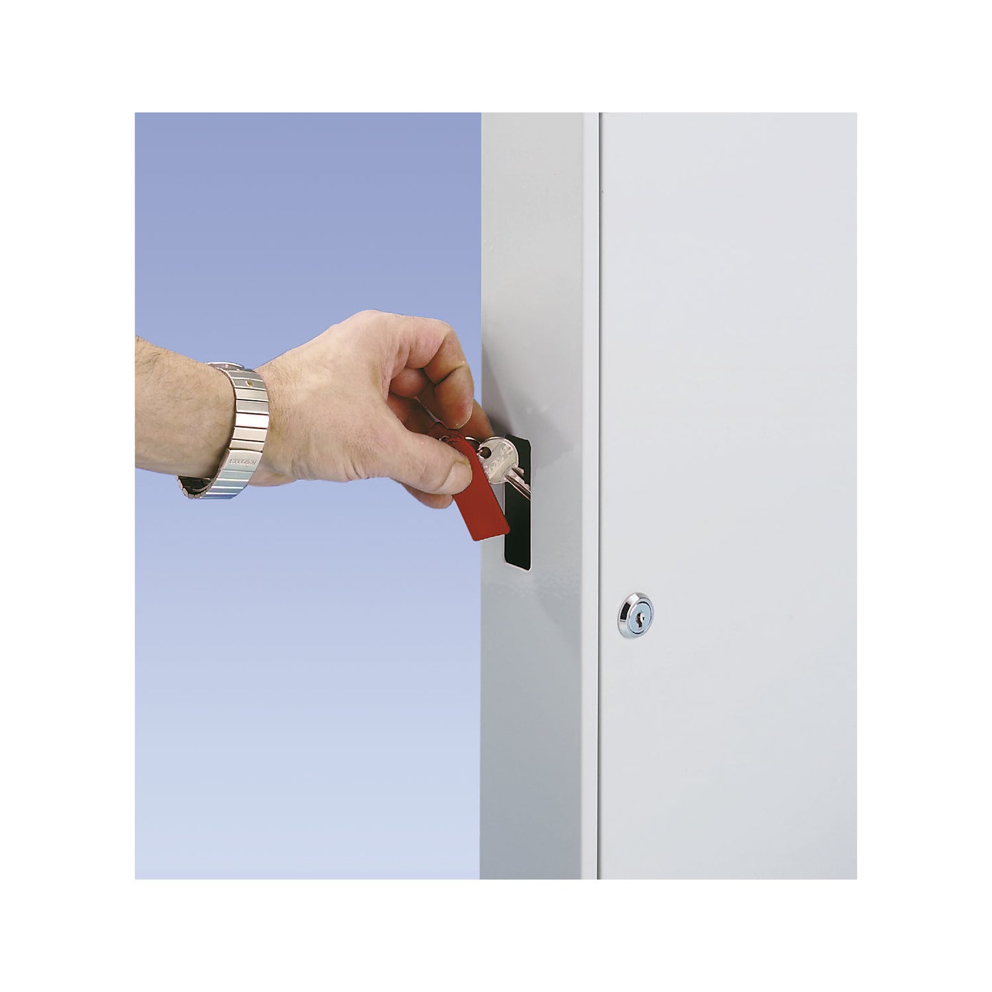 Key cabinet, painted grey, with access slot, with 42 hooks.