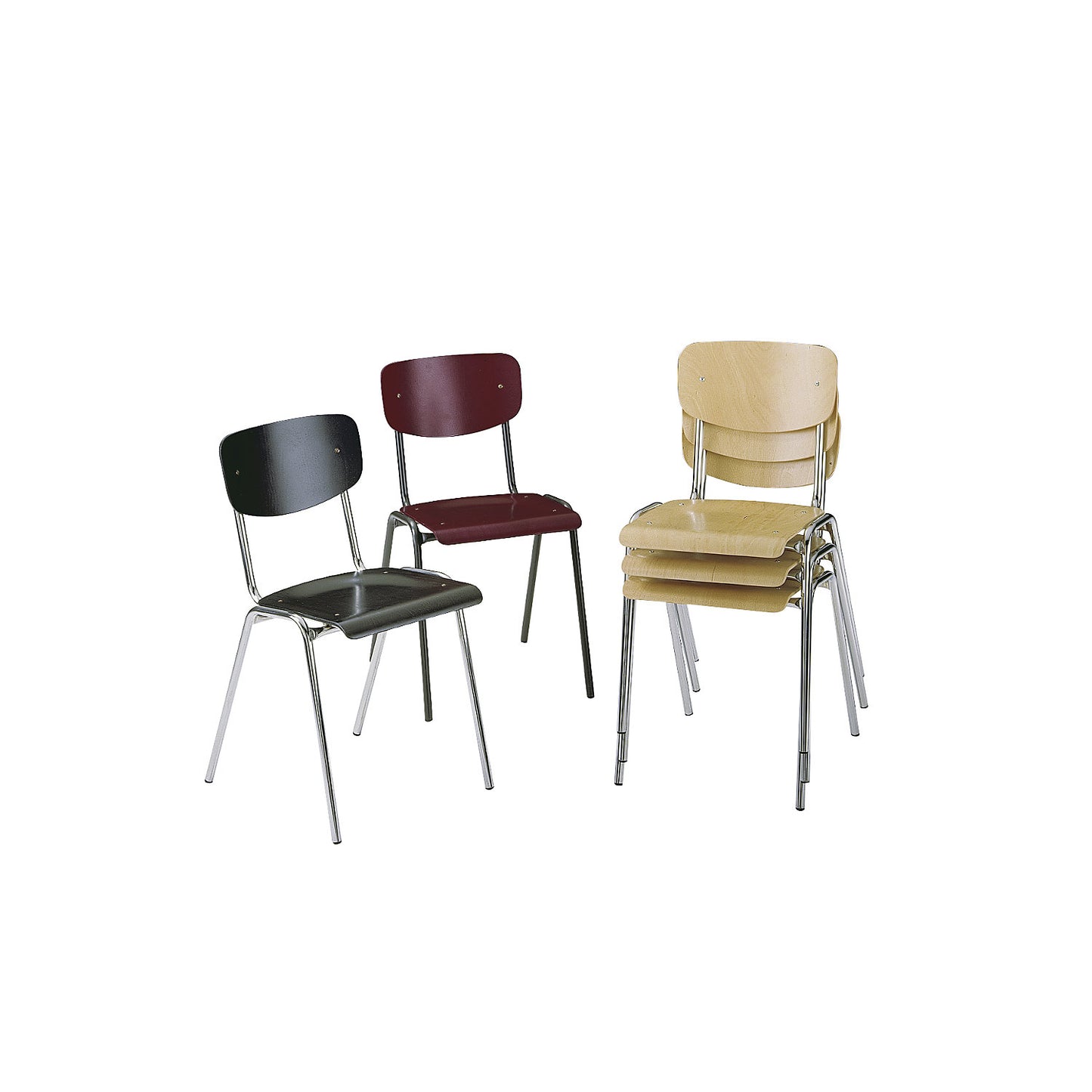 CLASSIC stacking chair, chrome plated frame, pack of 4, wood in charcoal.