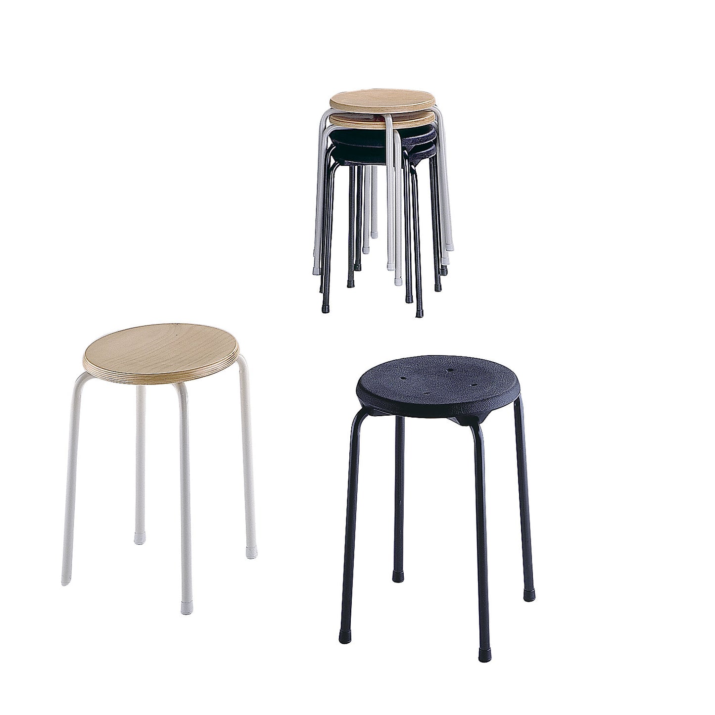 Stacking stool, beech plywood seat, pack of 6.